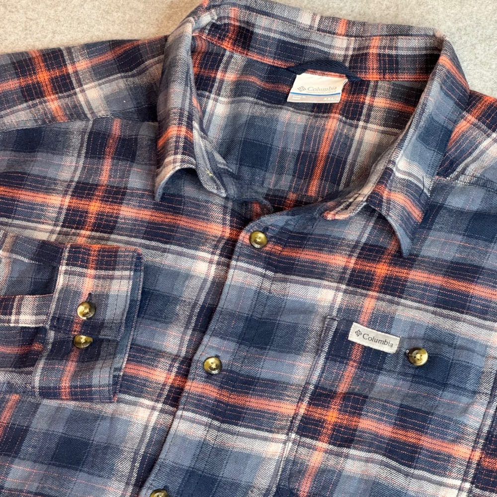 Columbia Mens XXL Plaid Button Down Shirt Blue Orange Long Sleeve AM1523 Stretch